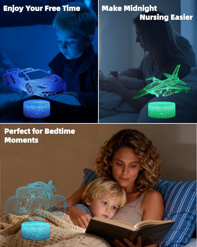 3D Illusion Kid Night Light, 3 Patterns, Car Monster Truck Plane | 16 Colors Changing, Dimmable, Touch & Remote Control, Boys Bedroom Room Décor Lamp, Christmas Birthday Toy Gift Toddler Teen