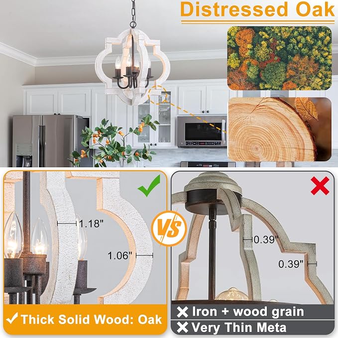 16" Farmhouse Chandelier Distressed White Wood Dining Room Light Fixture | Oak, Rustic Country Style, 4-Light Lantern Hanging Pendant Light For Foyer Entryway Kitchen Island Bedroom Stair Over Table