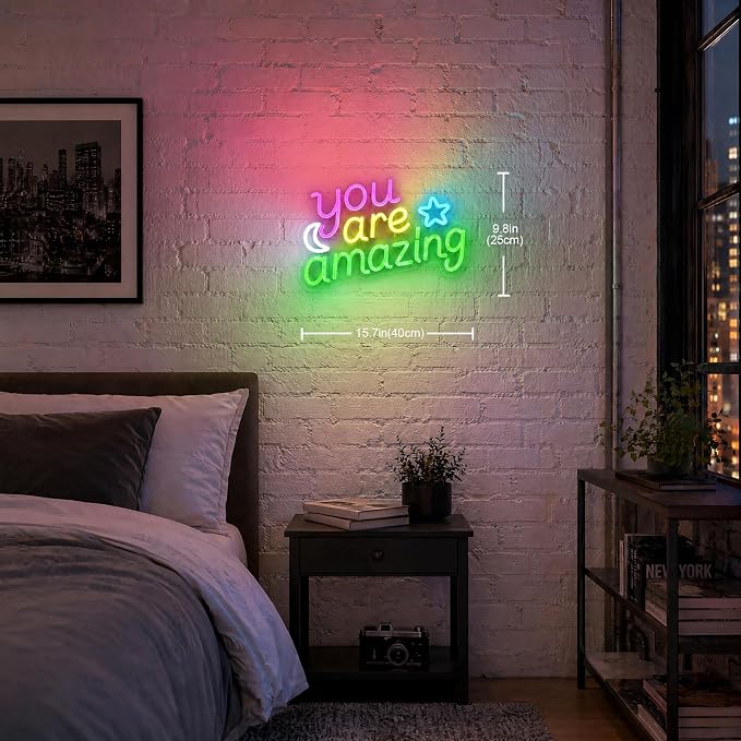You Are Amazing Neon Sign - Pink/Yellow/Green Moon & Stars Wall Decor | 15.7"x9.8" Bedroom Light with Dimmer, 6.5ftUSB Powered, Hanging Chian Included