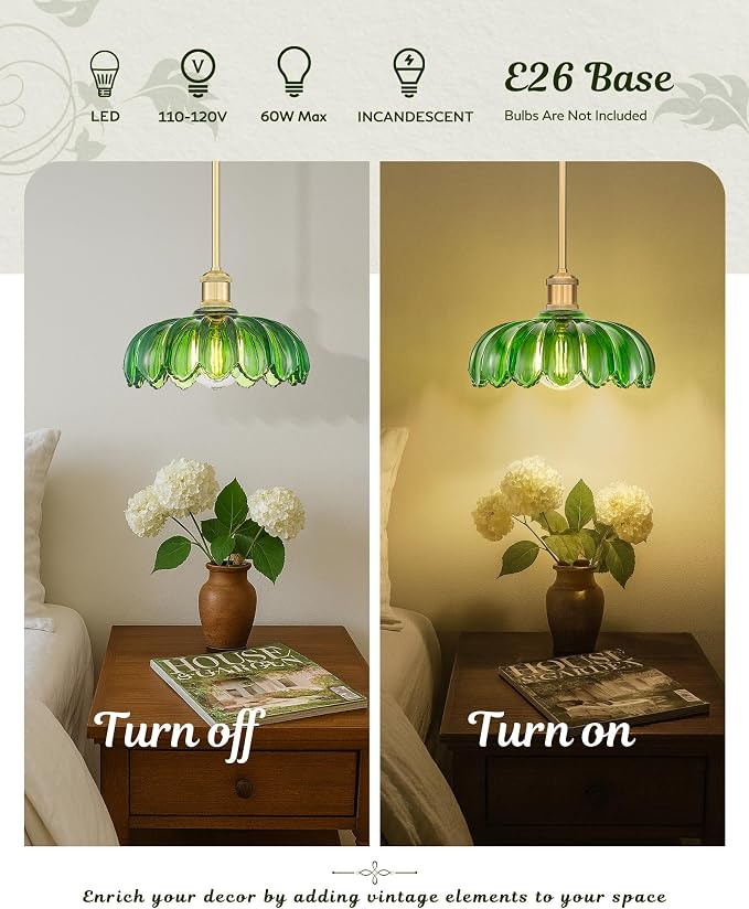 FEMILA Retro 10.4" Green Glass Pendant Light for Kitchen Island | Brushed gold floral vintage glass pendant lighting for kitchen sinks and foyers, E26 base, adjustable hanging height