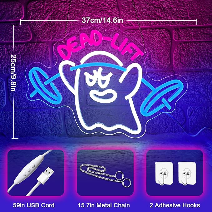 Dumbbell Neon Sign,Neon Signs for Wall Decor,Gym Neon Sign,Ghost Dead Lift Led Sign,Barbell Led Signs for Wall,USB Powered with Dimmable Switch Neon Lights for Bedroom,Gym Decor,Workout