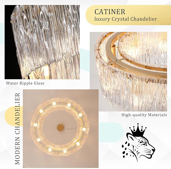 Gold Chandeliers 24”Modern Crystal Glass Round Chandelier 10-Light Drum Pendant Ceiling Light Fixtures Luxury 2 Tiers Hanging Chandelier for Dining Room Foyer Living Room Bedroom