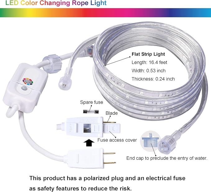 16.4ft RGB Strip Light Remote ETL Waterproof | 8 colors + multiple modes. Connectable up to 12 strips. 50,000hr lifespan. Indoor/outdoor for home, patio, Christmas.