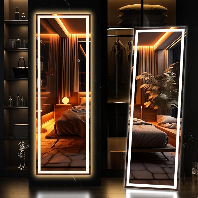 Hasipu Full Length Mirror with Lights, 56" x 15.8" LED Floor, Full Body Dressing Standing, Hanging Mounted Mirror, Square Black