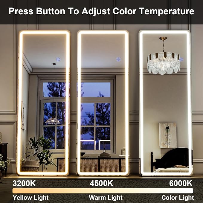 LED Full Length Mirror, 64"x21" Lighted Floor Mirror with Stand | Dimming & 3 Color Lighting, Wall Mounted Leaning Hanging Large Standing Full Body Mirror for Bedroom, Cloak Room, White