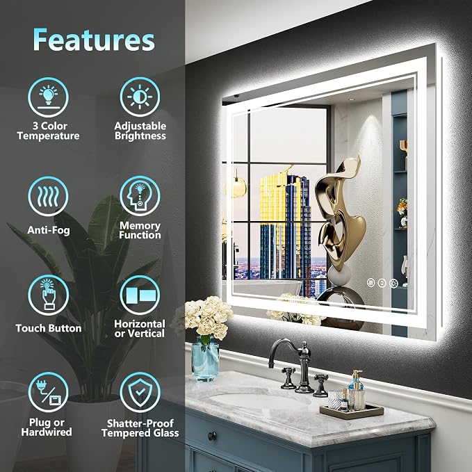 40x24 LED Bathroom Mirror, Backlit & Front Lit Lighted Mirror | Anti-Fog Vanity Mirror with Lights, 3 Color Dimmable, Memory, HD Tempered Glass, CRI95, IP54, UL Listed, Horizontal/Vertical