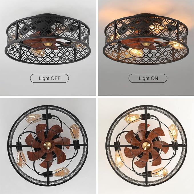 20" Caged Ceiling Fans with Lights Flush Mount Ceiling Fan with Remote,Small Black Low Profile Bladeless Ceiling Fan Light Fixture for Bedroom, Kitchen, Dining Room 4 bulbs Included,6 Speeds