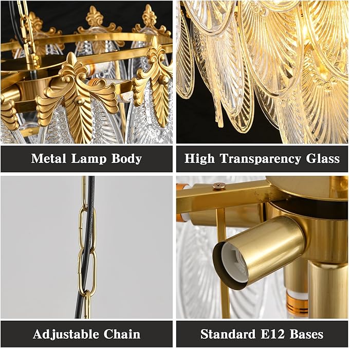 Modern Large Crystal Chandelier, 4-Layer Gold Glass Chandelier, 12 Light Round Antique Ceiling Pendant Light, 31.5 Inchs Adjustable Height for Foyer, Living Room, Bedroom, Dining Room