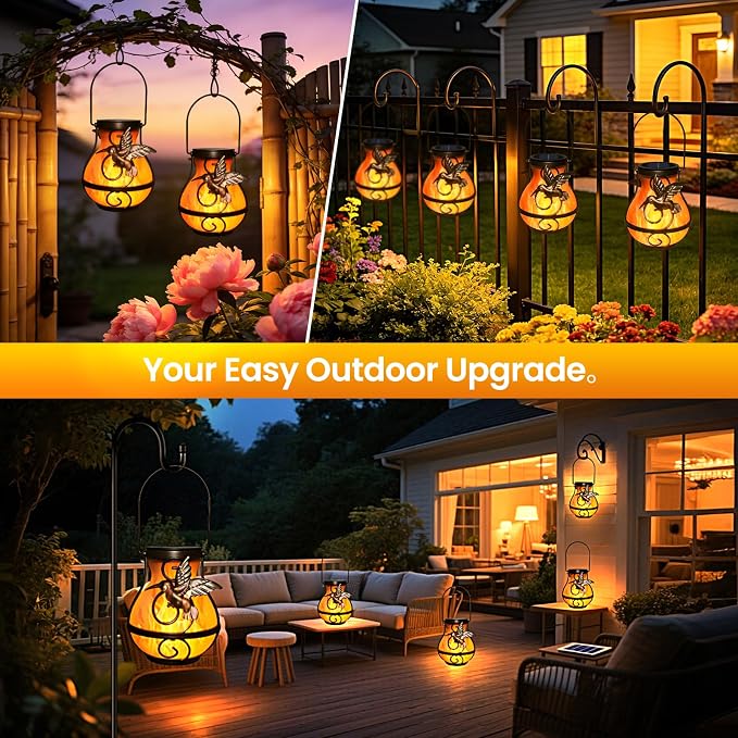 4 Pack Solar Lanterns Outdoor, Hummingbird Plastic Flickering Flame Lights, Hanging Solar Lantern Waterproof for Patio, Porch & Garden Decoration, Gifts for Women, Mom