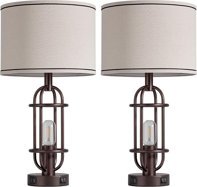 Reaketon Living Room Lamps Set of 2, 22.3" Farmhouse Table Lamp for Bedroom, Vintage Lamps for Night Stands with USB Ports, Oil Rubbed Bronze