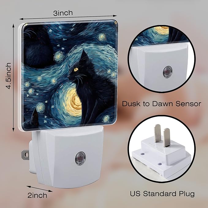 Starry Night Black Cat Night Light Plug into Wall, Abstract Oil Painting Cat Dusk to Dawn Night Light Plug in,0.5w Energy Saving Sleep Friendly NightLight for Kids Boys Girls Home Decor
