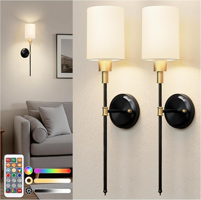 Battery Operated Wall Sconce: Set of 2 Wireless Wall Lights with 12000mAh | 15 Color Rechargeable Wall Sconces, Not Harwired Sconce Wall Decor Set of 2 for Bedroom, Living Room, Gold and Black 24.3in