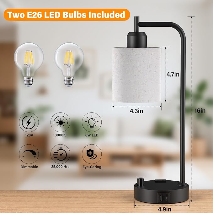 Industrial Table Lamps with Linen Shade, Set of 2 Fully Dimmable Bedside Lamps with USB A+C Ports and Outlet, Black Nightstand Desk Lamps for Bedrooms Living Room Office, 2 LED Bulbs Included
