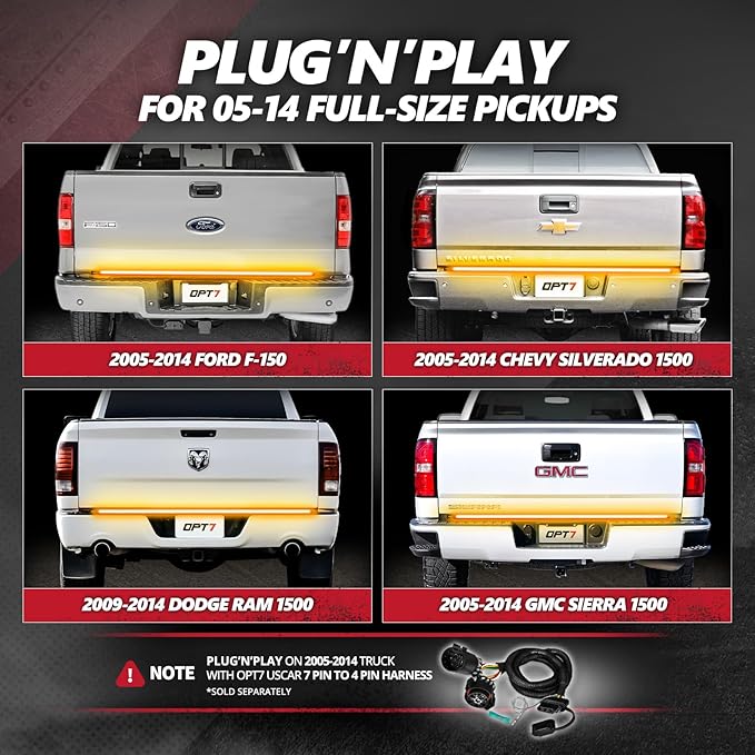 OPT7 Redline 60" Aluminum Truck Tailgate Light Bar w/Sequential Amber Turn - Weatherproof Rigid 1-Piece Triple Row LED Strip - Dynamic Taillight w/White Reverse - Fits F150, Silverado, Sierra, Ram