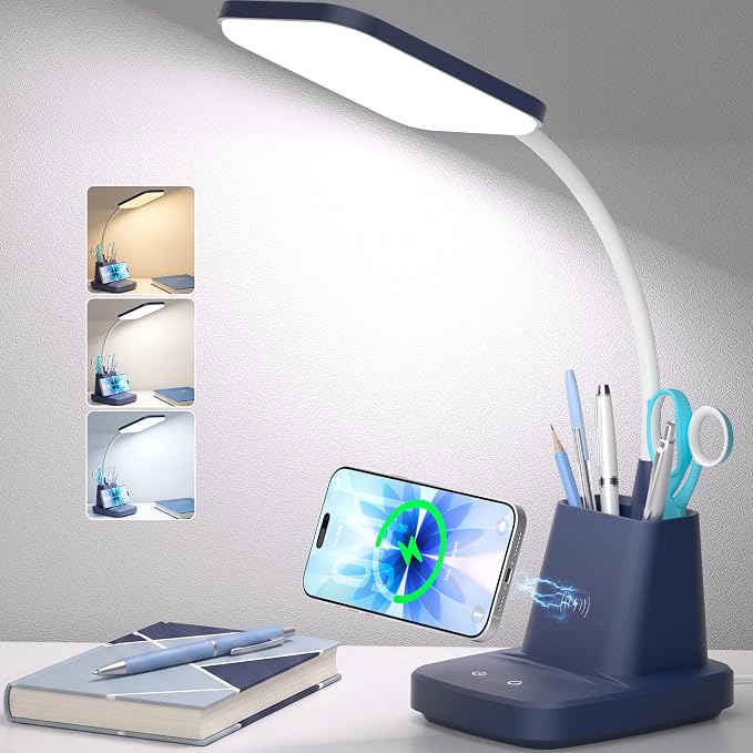 LED Desk Lamp with 10W Wireless Charging & Pen Holder, Navy Blue | CRI 95, 800LM, Stepless Dimming, 3 Modes, 360°Flexible Arm, Touch, Study Table Lamp for Home Office, Dorm Room, with Adapter