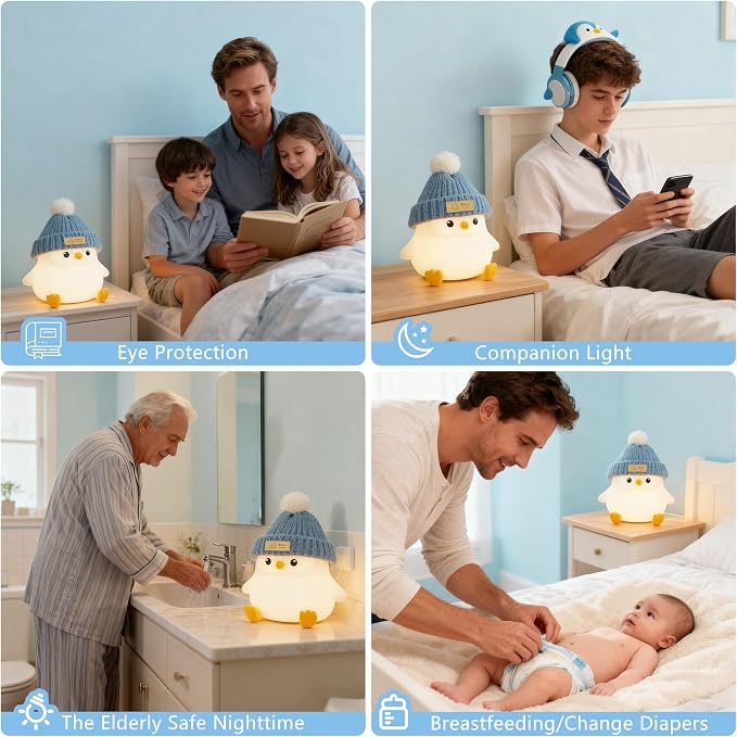 FAMIDUO Penguin Night Light for Kids, Silicone Nursery Lamp with Knit Hat
