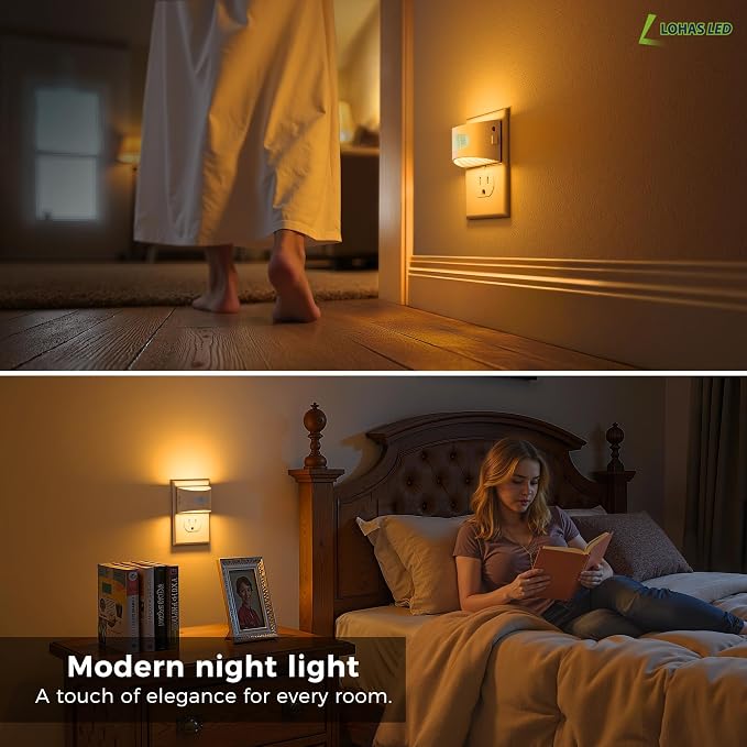 L LOHAS LED Motion Sensor Night Light, Night Lights Plug into Wall, Amber | Plug in Night Light with Dusk to Dawn Sensor, 30-100lm Adjustable Brightness, White Housing 2 Pack