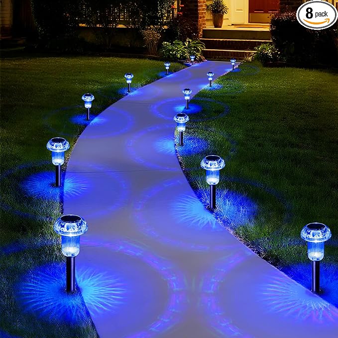 Priddop Solar Garden Lights Outdoor Waterproof 8 Pack Blue LED Mushroom | Yard Pathway Walkway Patio Landscape Path Lights, Acrylic ABS, Ground Patterns Replaceable Battery, Outside Christmas Decor