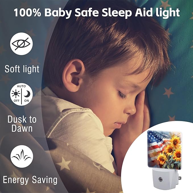 American Flag with Sunflowers Night Light Plug into Wall,Watercolor USA Flag Patriotic Dusk to Dawn Night Light Plug in,0.5w Energy Saving Sleep Friendly NightLight for Kids Boys Girls Home Decor