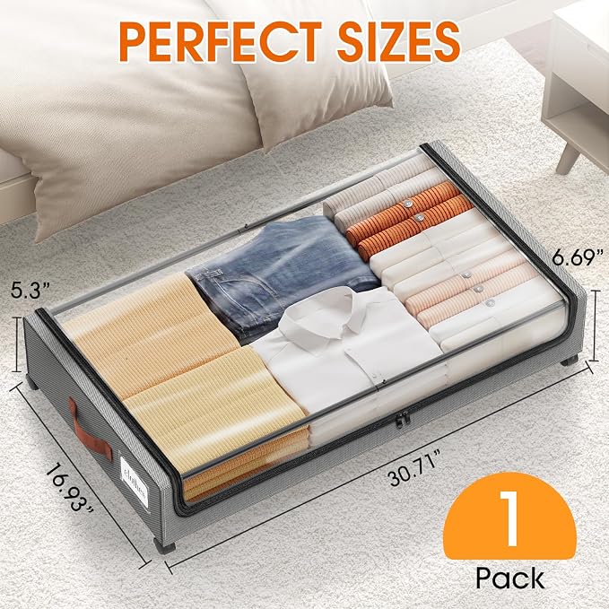 Under Bed Storage with Wheels 1Pack Storage Containers with Clear Window | Under Bed Drawers Rolling Under Bed Storage for Clothes,Shoes, Blankets (30.71 x 16.93 x 6.69 in, Light Grey)