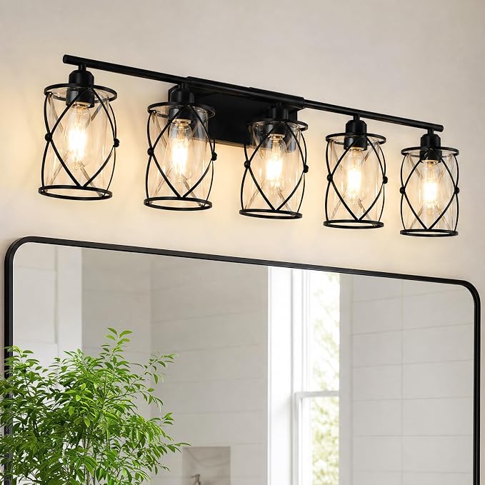 5-Light Matte Black Bathroom Light Fixtures Over Mirror, 38" UL-Listed Modern Wall Sconce Lights with Clear Glass and Metal Cage for Bath, Hardwire E26, CH9176BK-5W