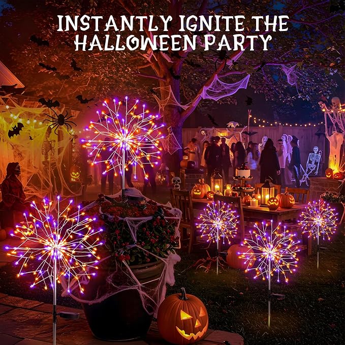 Solar Halloween Lights Outdoor Solar Powered, Upgrade 2-Pack Orange & Purple Solar Firework Lights, Waterproof Garden Light for Yard Pathway Patio Flowerbed Halloween Decorations