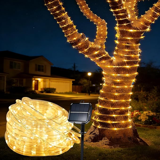 Solar Roep Lights for outside, 33ft 100 LED Solar string Lights with 8 Modes, Waterproof Solar Outdoor Light for Patio Garden Party Tree Proch Pool Fence Outdoor Holiday Xmas Decor-Warm White
