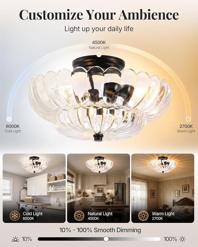 Semi Flush Mount Ceiling Light Fixture 14" Vinatge Black Ceiling Lights Mid Century Modern Clear Glass Close to Ceiling Lighting Fixtures for Bedroom Hallway Kitchen Laundry Room Bathroom