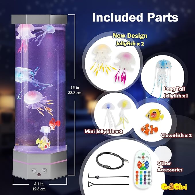 Large Size Jellyfish Aquarium Lamp Fake Fish Jelly Fish Tank Aquarium Lava Lamp Night Light Room Decor,7 Jellyfish&Clownfish,Adult Kids Home Office Room Desk Light