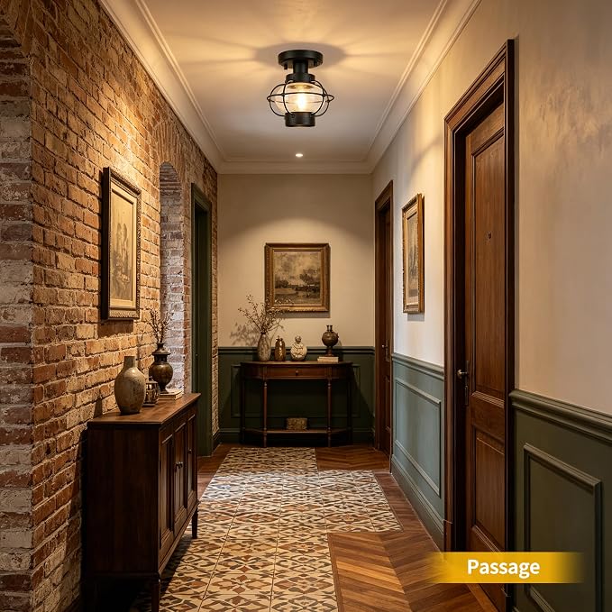 Porch Ceiling Light, Farmhouse Industrial Flush Mount, Glass Globe E26 | Indoor & outdoor use. For hallway, bedroom, balcony, stairway. Sturdy metal, hardware included, easy install.