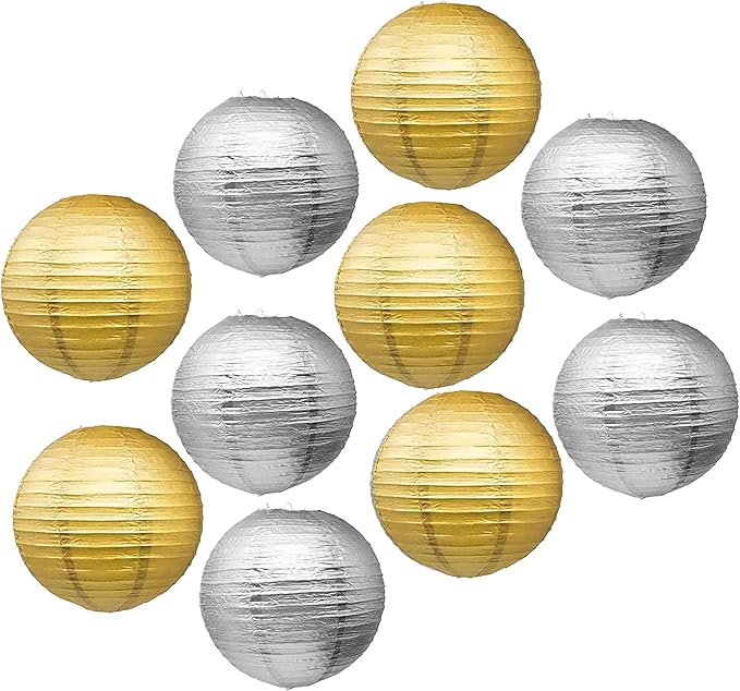 Mudra Crafts Silver Gold Paper Lanterns Wedding Party Decorations - 12 in 10 Round Hanging Ceiling Lanterns, 10 Pack, Decorative Lamp Shades