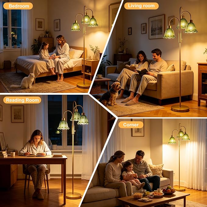 Lightdot 3-Light Glass Floor Lamp for Living Room, 70" Gold Dimmable Standing Tall Lamp with Green Ribbed Glass Shades &3PCS 3000K Warm White Bulbs, Modern Tree Pole Lamp for Bedroom Home Decor