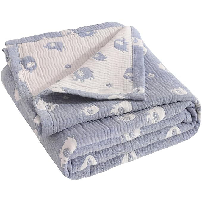 NTBAY 3 Layer Oversized Muslin Toddler Blanket, 45 x 60, Blue Elephant | Muslin Cotton Outer Layers with Light Thermal Fiber Fill, Reversible Blanket for Daycare, Travel, Naps, and Supervised Use