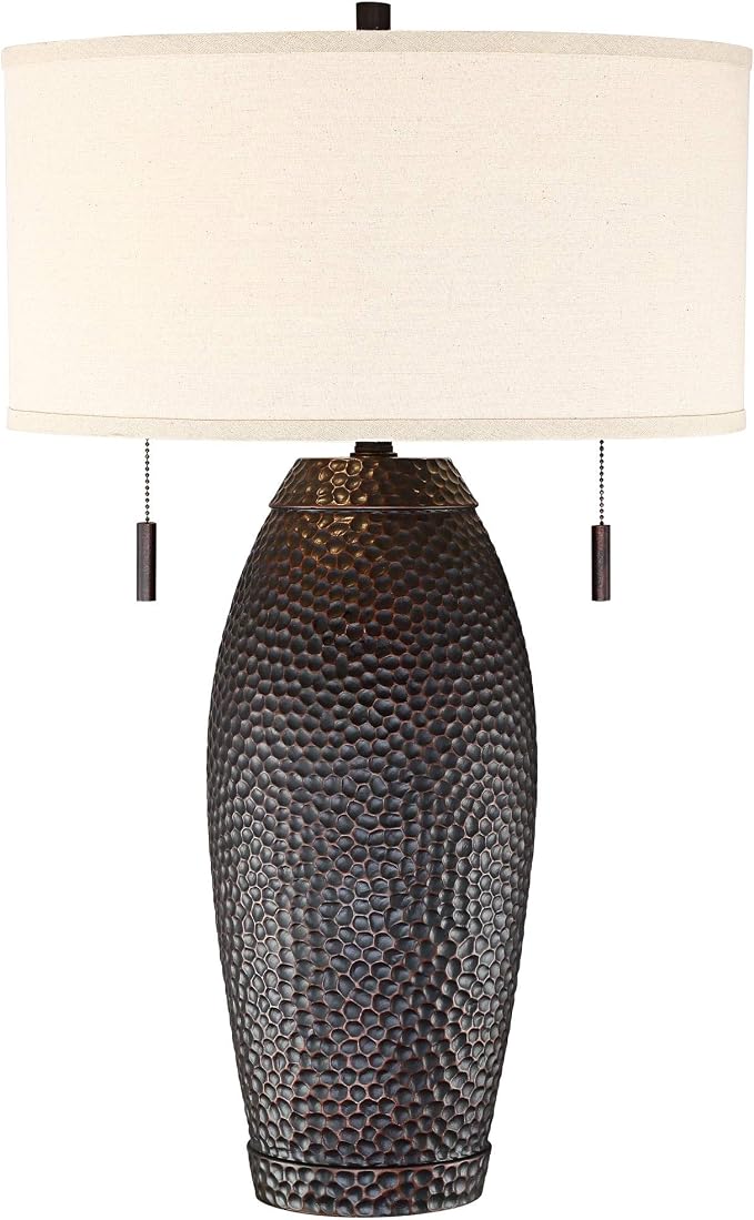 Noah 31" Large Table Lamp Pull-Chain Hammered Bronze Brown Farmhouse | Textured Rustic Bedroom Living Room House Bedside Nightstand Home Office Entryway Family Oatmeal Drum Shade