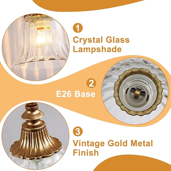 Gold Bathroom Vanity Light Fixture, 3 Lights Bathroom Lighting Matte Antique Brass Finish with Crystal Glass Shade, Gold Vintage Vanity Light for Bathrooms