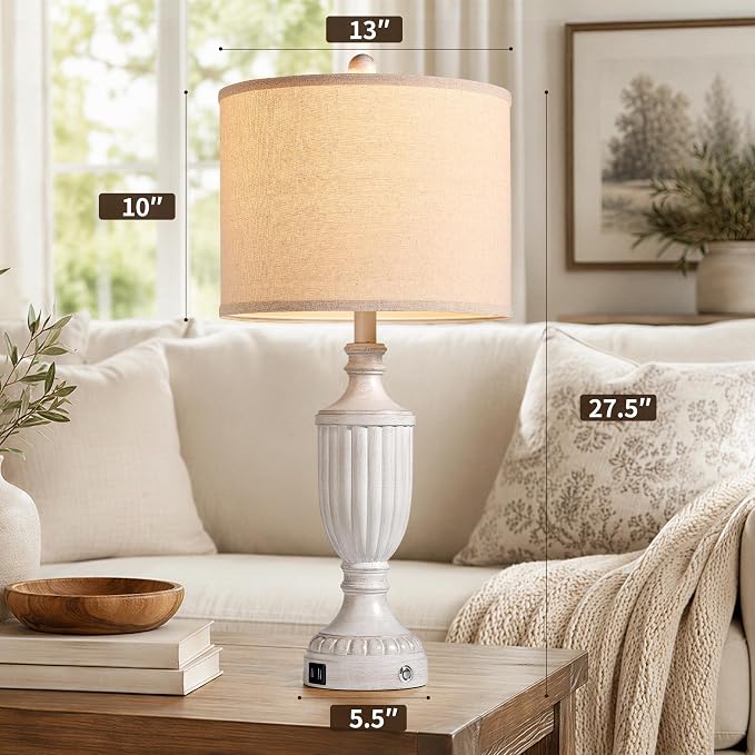 Farmhouse Table Lamps for Bedroom Set of 2, 27.5" Bedside Lamp with USB Ports, Dimmable Nightstand Table Lamp for Living Room
