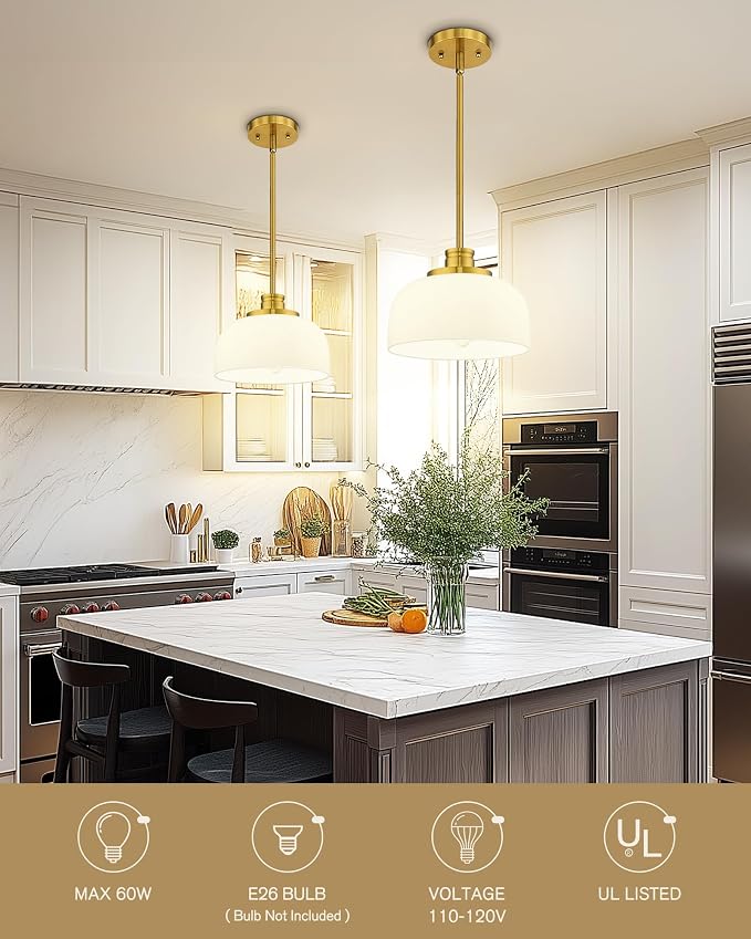 Emak Brushed Gold Pendant Lights Kitchen Island, 10 Inch Large Milk Glass Pendant Light Fixtures, Modern Hanging Lights for Kitchen Island, Dining Room, Bedroom, Bathroom, PL131-BGD-ML