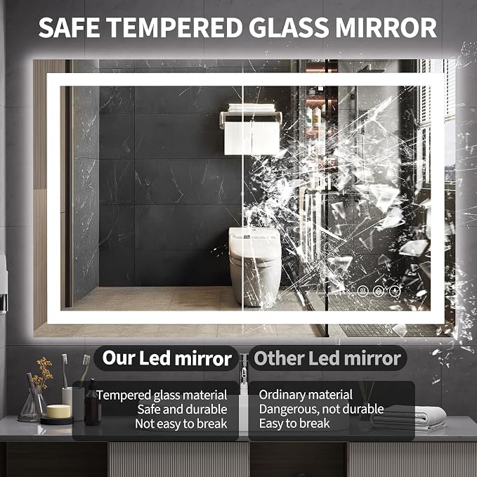Koonmi 42x30 LED Bathroom Mirror with Light, Anti-Fog, 3 Colors | Backlit + Front Lit, Dimmable Brightness, Shatterproof HD Distortion-Free Tempered Glass, Hardware Included