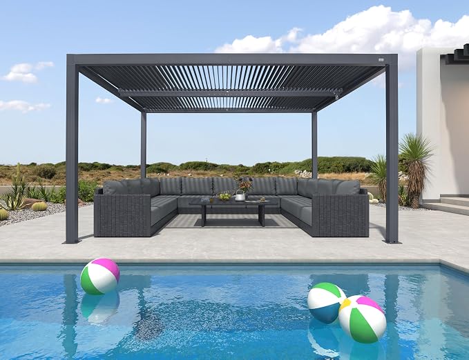 PURPLE LEAF Louvered Pergola 94AS 12' x 14' All-Aluminum Rustproof Gray | Rainproof Dry System Keeps Furniture Protected, Two Adjustable Louvered Roofs, 53Mph Wind Resistant, Zero-Rust Aluminum.