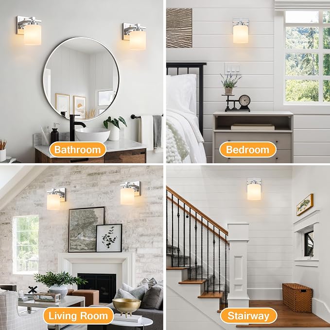 Modern Bathroom Light Fixtures Over Mirror, Vanity Lights for Bathroom Wall Sconces with Milky White Glass Shades, E26 Socket (Bulbs Not Included), 1 Light, Chrome