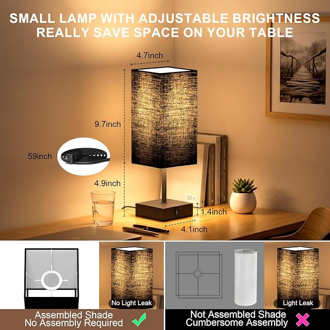Bedside Lamp for Bedroom Touch Control Nightstand Lamp with USB C+A | Table Lamp Black Lampshade 14-inch, 3 Way Dimmable, Small Bedside Lamps for Living Room ,Dorm, Office, LED Bulbs Included