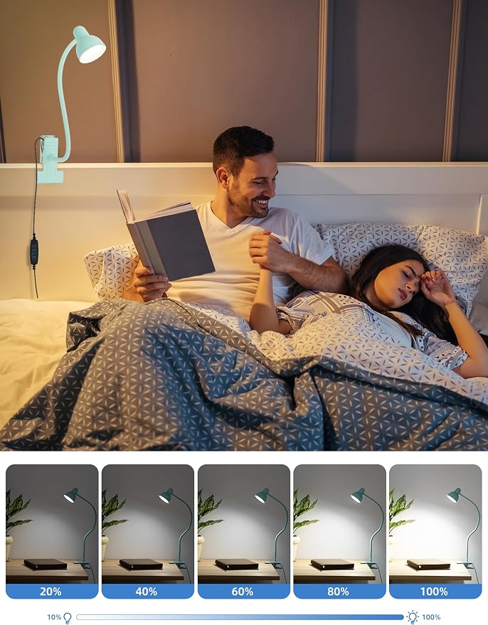 Clip on Reading Light for Bed 3 Color Modes Teal | 10 Brightness Dimmable, Flexible Gooseneck Clip on Lamp, Eye Care Clip Light for Bed Headboard Desk Home Dorm