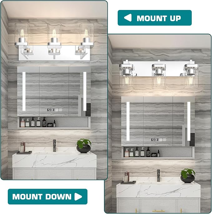 Chrome Bathroom Vanity Light, Square Design 3 Lights Morden Vanity Lighting Fixtures Over Mirror, Bathroom Light Fixtures for Living Room/Bedroom