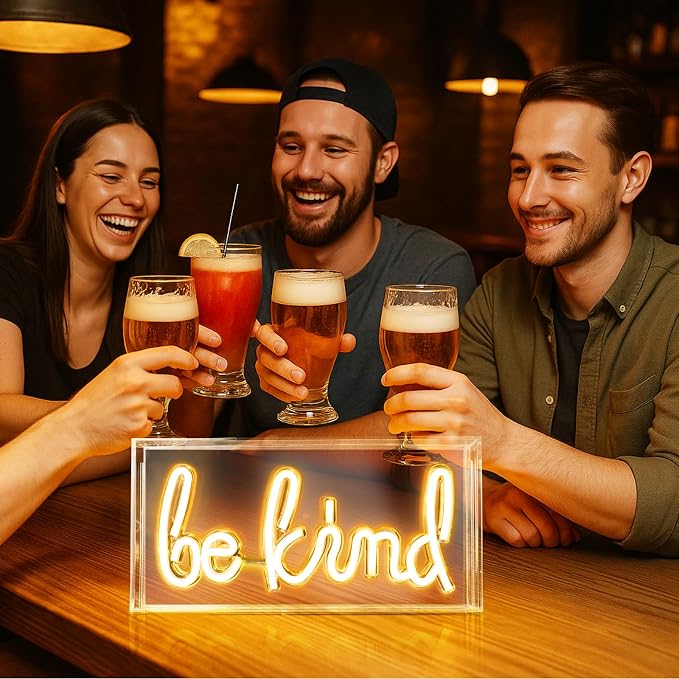 Be Kind Neon Sign, USB Powered LED Neon Light Box with ON/OFF Switch, 3D Acrylic Tabletop and Wall Decor for Girls Room, Bedroom, Classroom, Dorm, Home Office, Shelf, Christmas Birthday Gift (Warm White)
