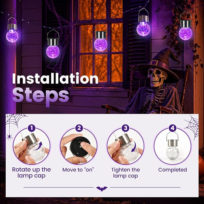 GIGALUMI Halloween Solar Lights Outdoor Solar Hanging Lanterns Outside 12PC | Purple, Halloween, Solar Powered, Waterproof, Decorative, Crackle Glass, Graden&Tree Decoration, Gifts for Women, Ornaments