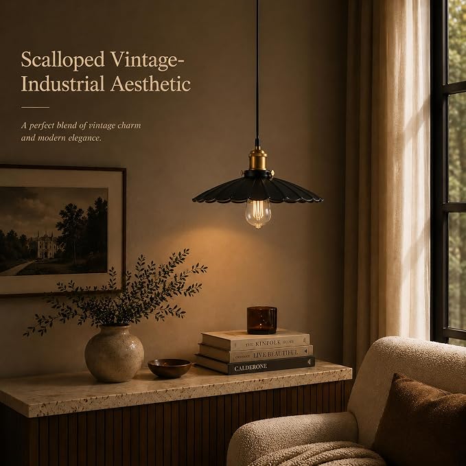 2Pack Kitchen Hanging Lights, Black Hanging Light 13.8 Inch Metal Scalloped Lampshade Farmhouse Pendant Lights Kitchen Island Vintage Pendant Light for Bedroom Bar Sofa