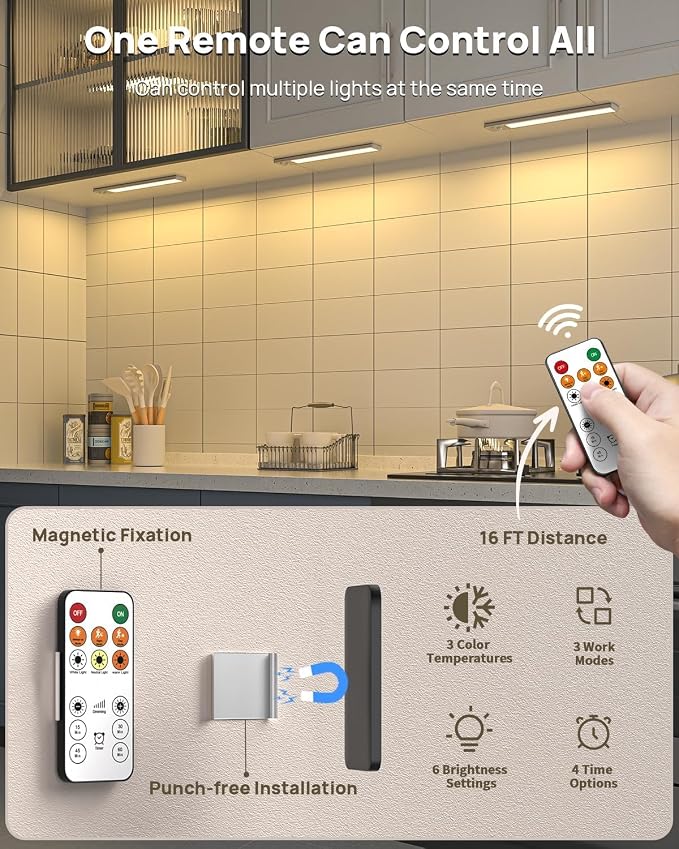 8 Pack Under Cabinet Lighting Rechargeable 12” Motion Sensor Light Indoor | 2500mAh Closet Lights Wireless, 3 Color Temps & Dimmable, Timer, Magnetic Under Counter Lights for Kitchen, Wardrobe, Stairs