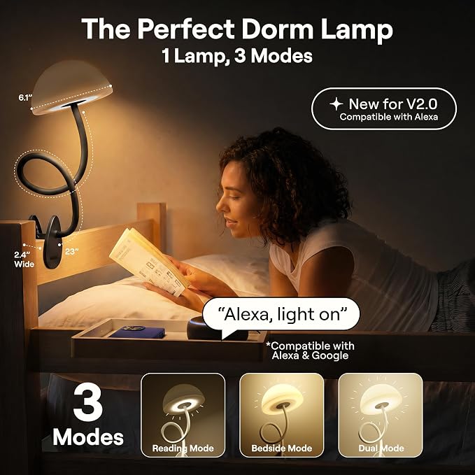 Shroommate Clip On Light for Dorm Room - 2.0 (Black) | Bed Headboard Lamp, Bedside Table Lamp Dorm, College Dorm Room Essentials, Night Light Kids Nursery, MultiColor LEDs