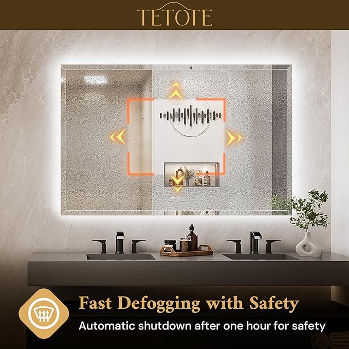 TETOTE 30 x 36 Backlit Mirror Bathroom, LED Vanity Mirror with Beveled Edge, Tempered Glass, 3 Colors Lights, Anti-Fog, Adjustable Brightness, Memory Function, Frameless LED Vanity Wall Mirror