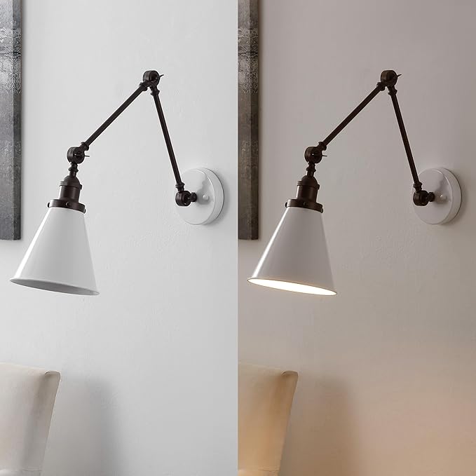 JONATHAN Y 7" White/Oil Rubbed Bronze Classic Industrial Metal Adjustable Arm LED Wall Sconce for Bedside Reading, Farmhouse Swing Arm Wall Lamp with Metal Shade, Hardwired (JYL7462C)